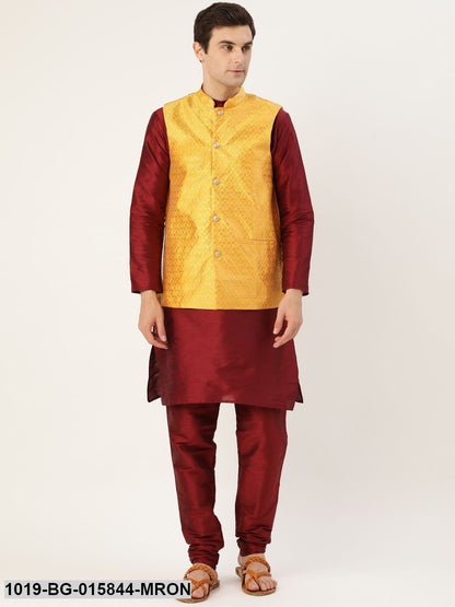 Men's Silk Blend Maroon Kurta Pyjama & Mustard Nehru jacket Combo