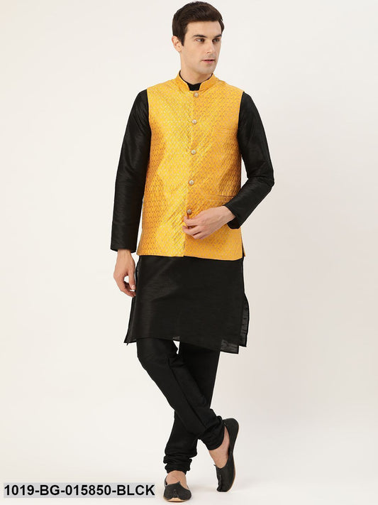 Men's Silk Blend Black Kurta Pyjama & Mustard Nehru jacket Combo