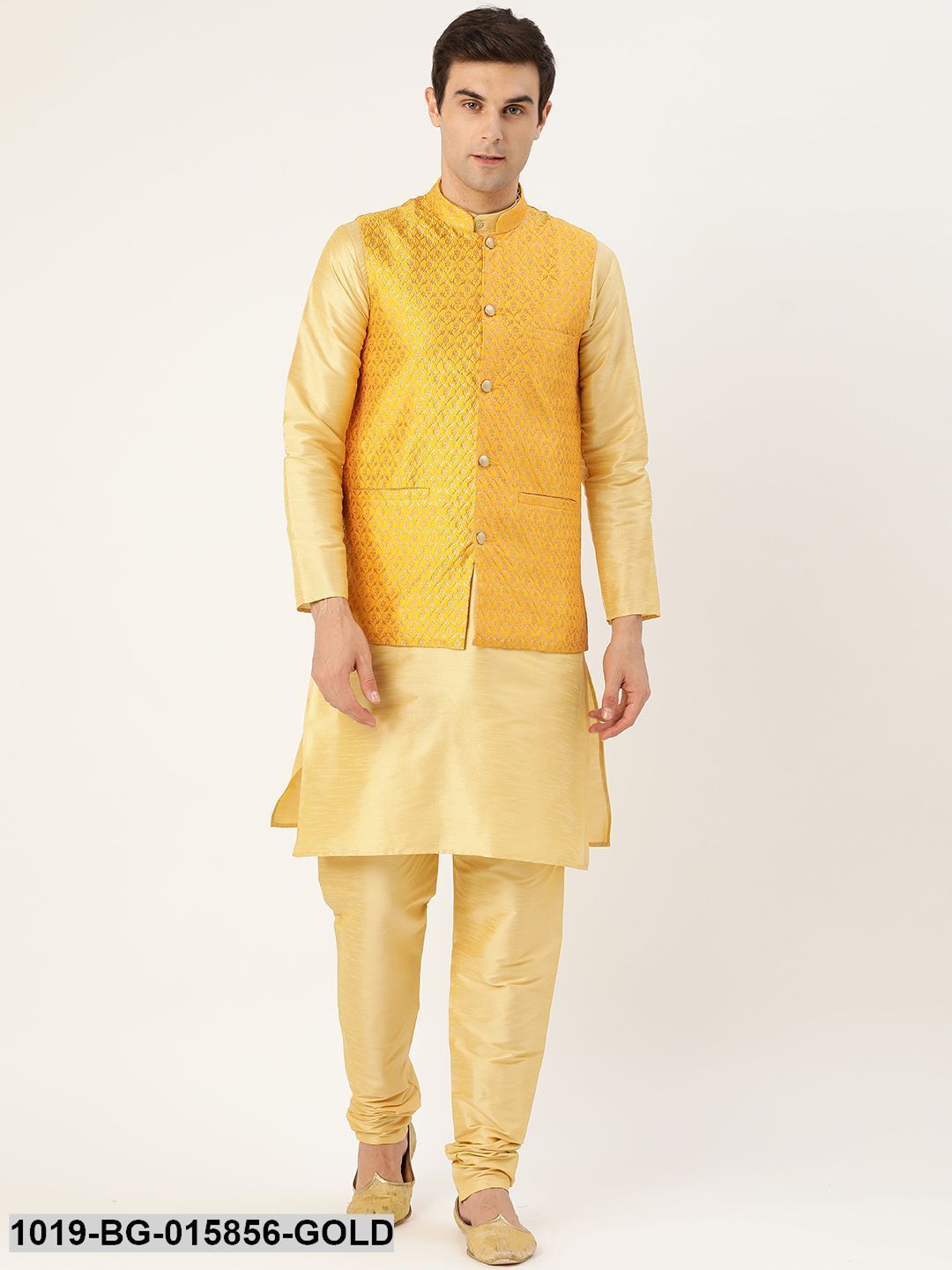 Men's Silk Blend Gold Kurta Pyjama & Mustard Nehru jacket Combo