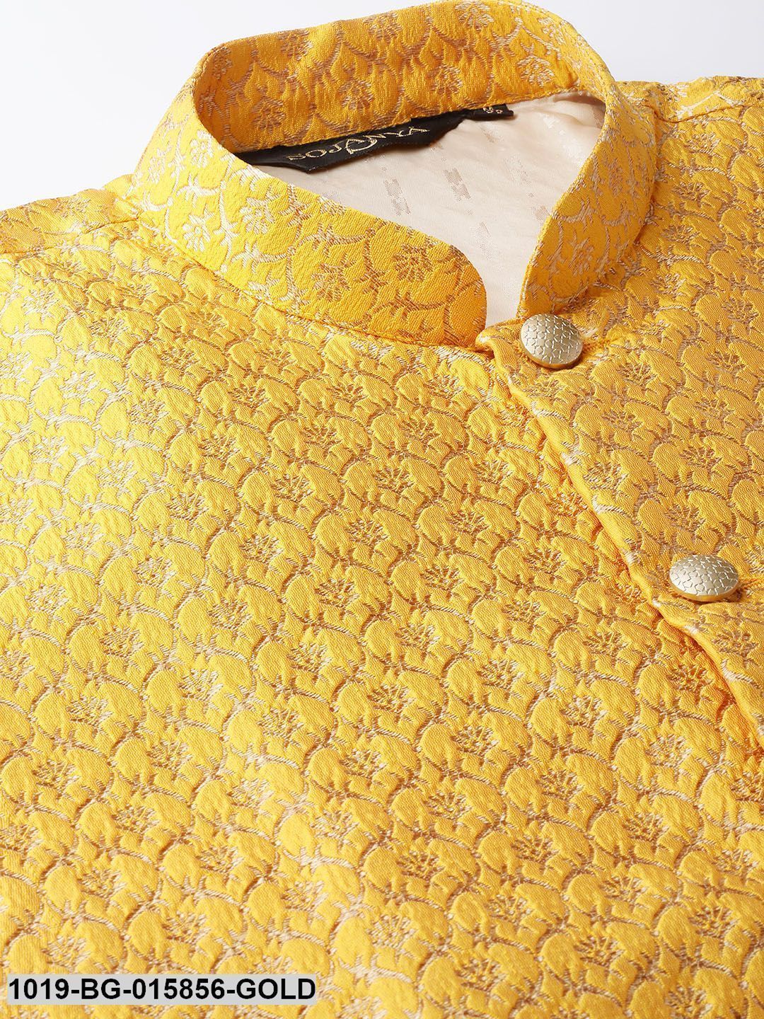 Men's Silk Blend Gold Kurta Pyjama & Mustard Nehru jacket Combo