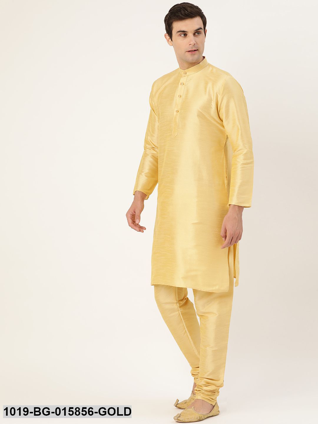 Men's Silk Blend Gold Kurta Pyjama & Mustard Nehru jacket Combo