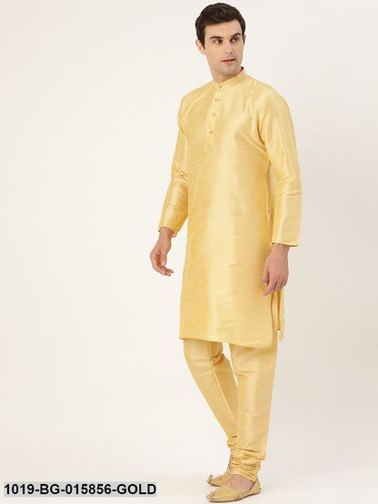 Men's Silk Blend Gold Kurta Pyjama & Mustard Nehru jacket Combo