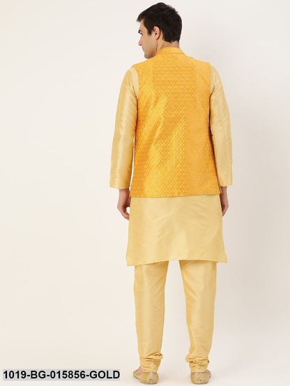 Men's Silk Blend Gold Kurta Pyjama & Mustard Nehru jacket Combo