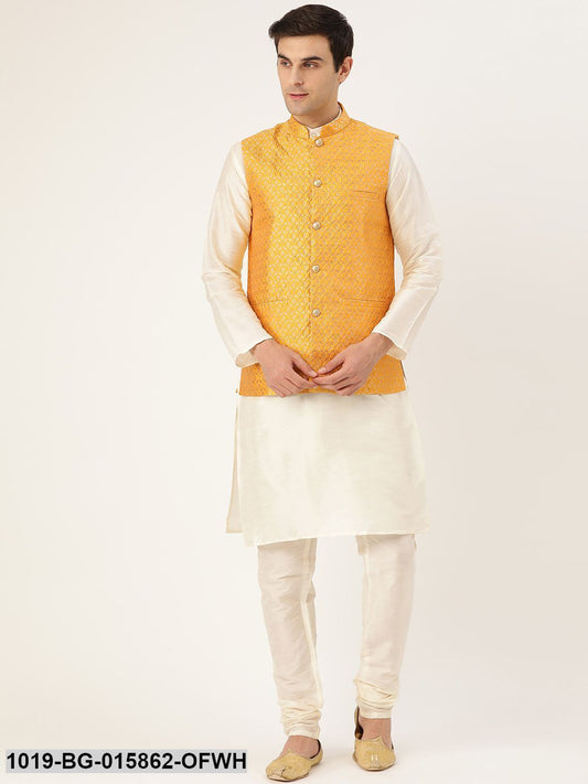 Men's Silk Blend Off White Kurta Pyjama & Mustard Nehru jacket Combo