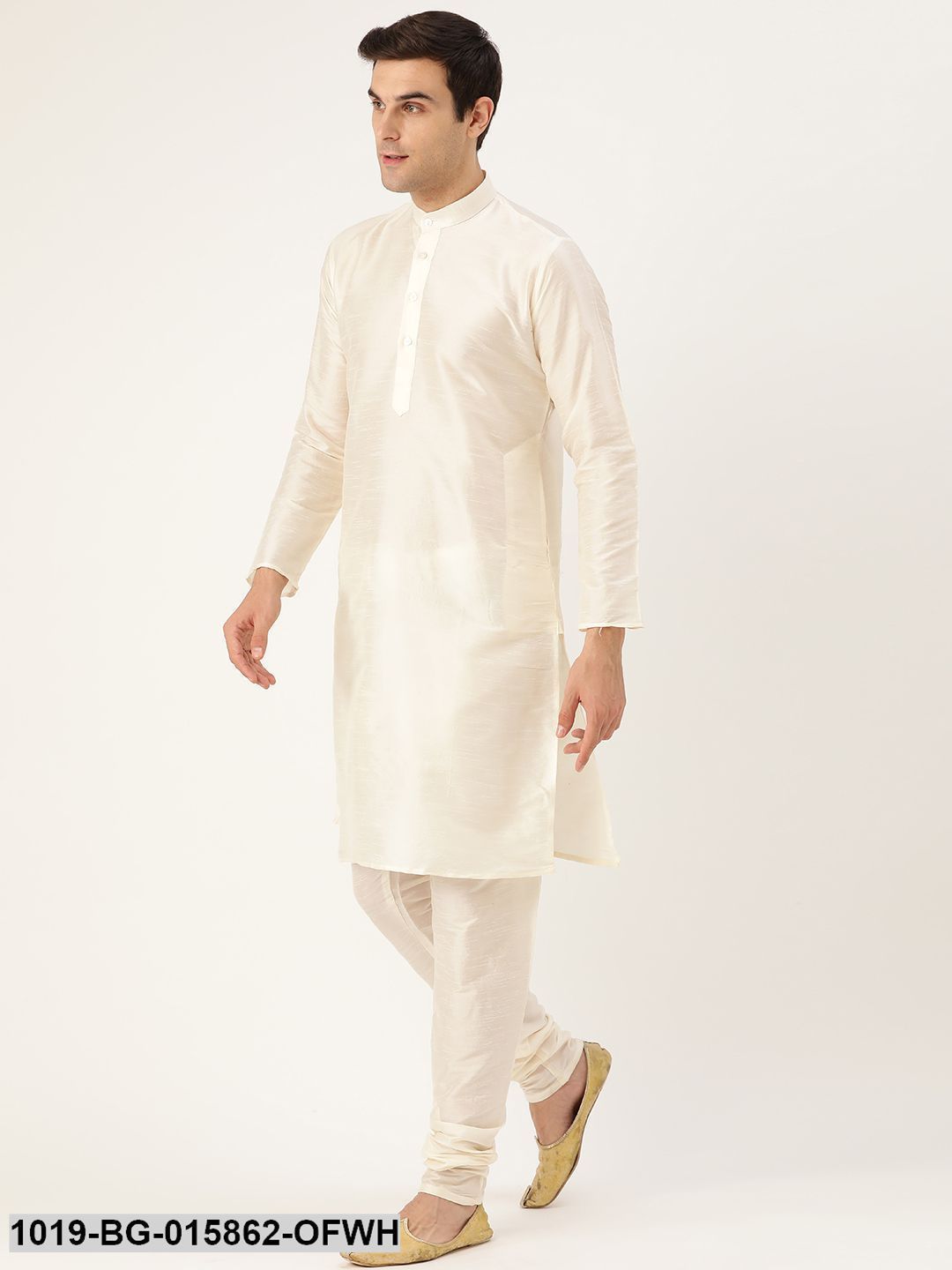 Men's Silk Blend Off White Kurta Pyjama & Mustard Nehru jacket Combo