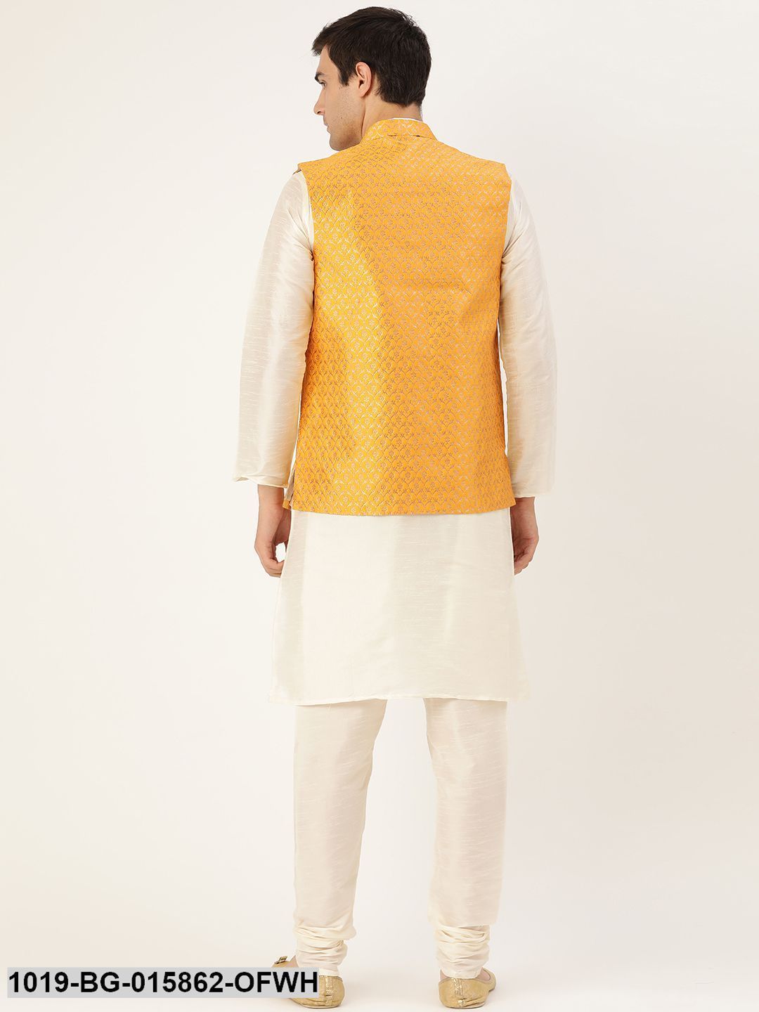 Men's Silk Blend Off White Kurta Pyjama & Mustard Nehru jacket Combo