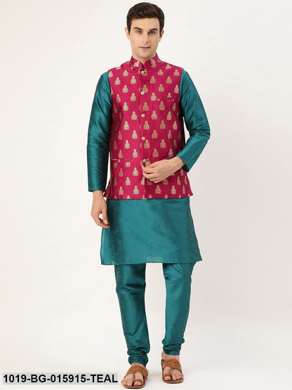 Men's Silk Blend Teal Green Kurta Pyjama & Magenta Nehru jacket Combo