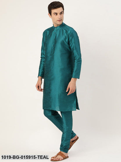 Men's Silk Blend Teal Green Kurta Pyjama & Magenta Nehru jacket Combo