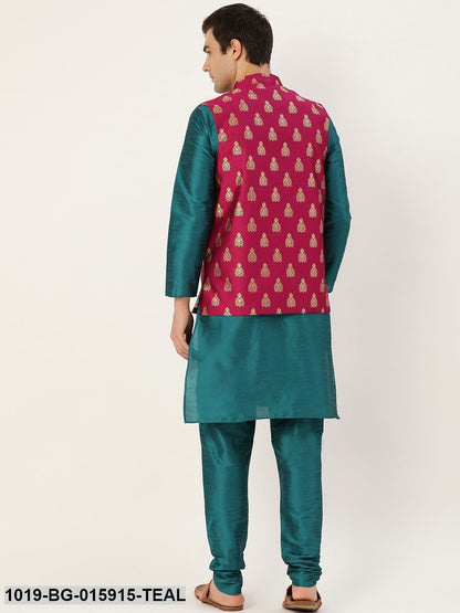 Men's Silk Blend Teal Green Kurta Pyjama & Magenta Nehru jacket Combo