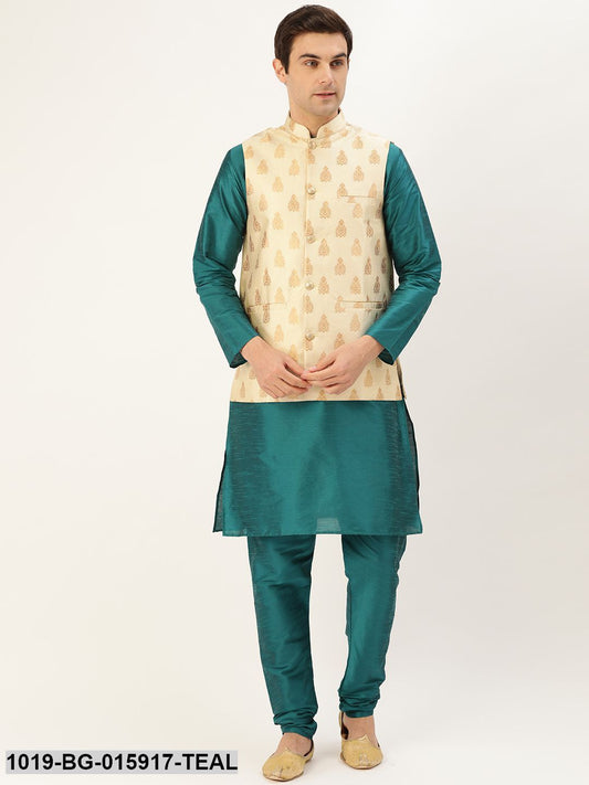 Men's Silk Blend Teal Green Kurta Pyjama & Beige Nehru jacket Combo