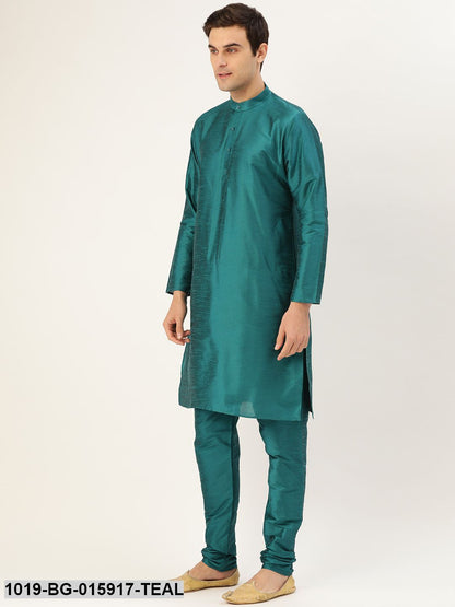 Men's Silk Blend Teal Green Kurta Pyjama & Beige Nehru jacket Combo