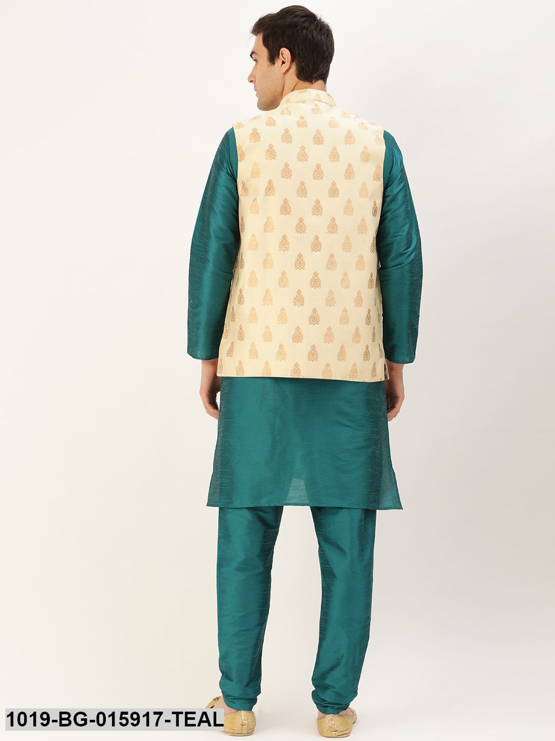 Men's Silk Blend Teal Green Kurta Pyjama & Beige Nehru jacket Combo