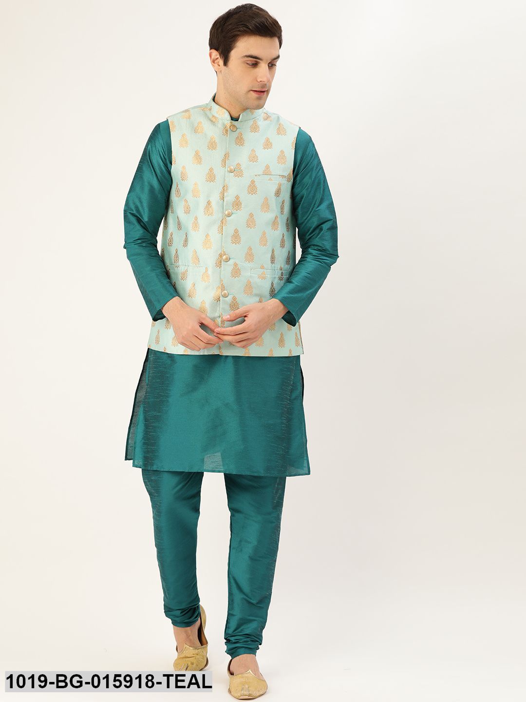 Men's Silk Blend Teal Green Kurta Pyjama & Sea Green Nehru jacket Combo