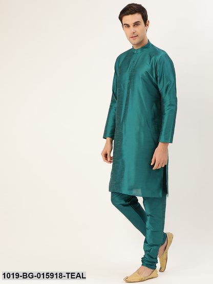 Men's Silk Blend Teal Green Kurta Pyjama & Sea Green Nehru jacket Combo