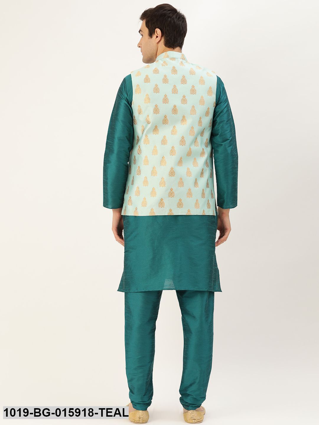 Men's Silk Blend Teal Green Kurta Pyjama & Sea Green Nehru jacket Combo