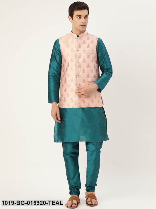 Men's Silk Blend Teal Green Kurta Pyjama & Pink Nehru jacket Combo