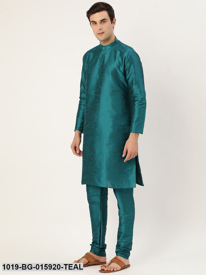 Men's Silk Blend Teal Green Kurta Pyjama & Pink Nehru jacket Combo