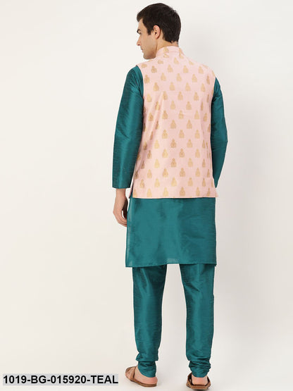 Men's Silk Blend Teal Green Kurta Pyjama & Pink Nehru jacket Combo