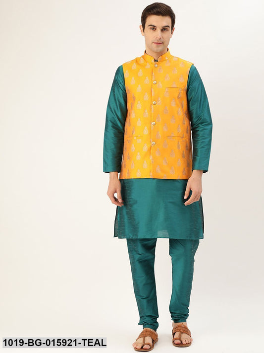 Men's Silk Blend Teal Green Kurta Pyjama & Mustard Nehru jacket Combo