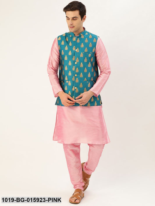 Men's Silk Blend Pink Kurta Pyjama & Teal Blue Nehru jacket Combo