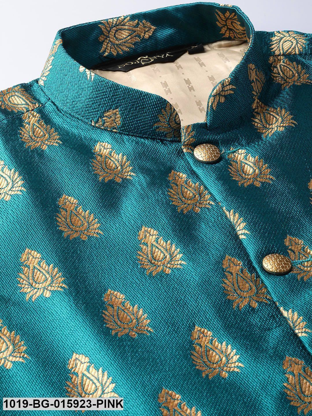 Men's Silk Blend Pink Kurta Pyjama & Teal Blue Nehru jacket Combo