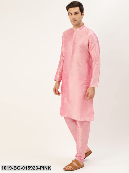 Men's Silk Blend Pink Kurta Pyjama & Teal Blue Nehru jacket Combo