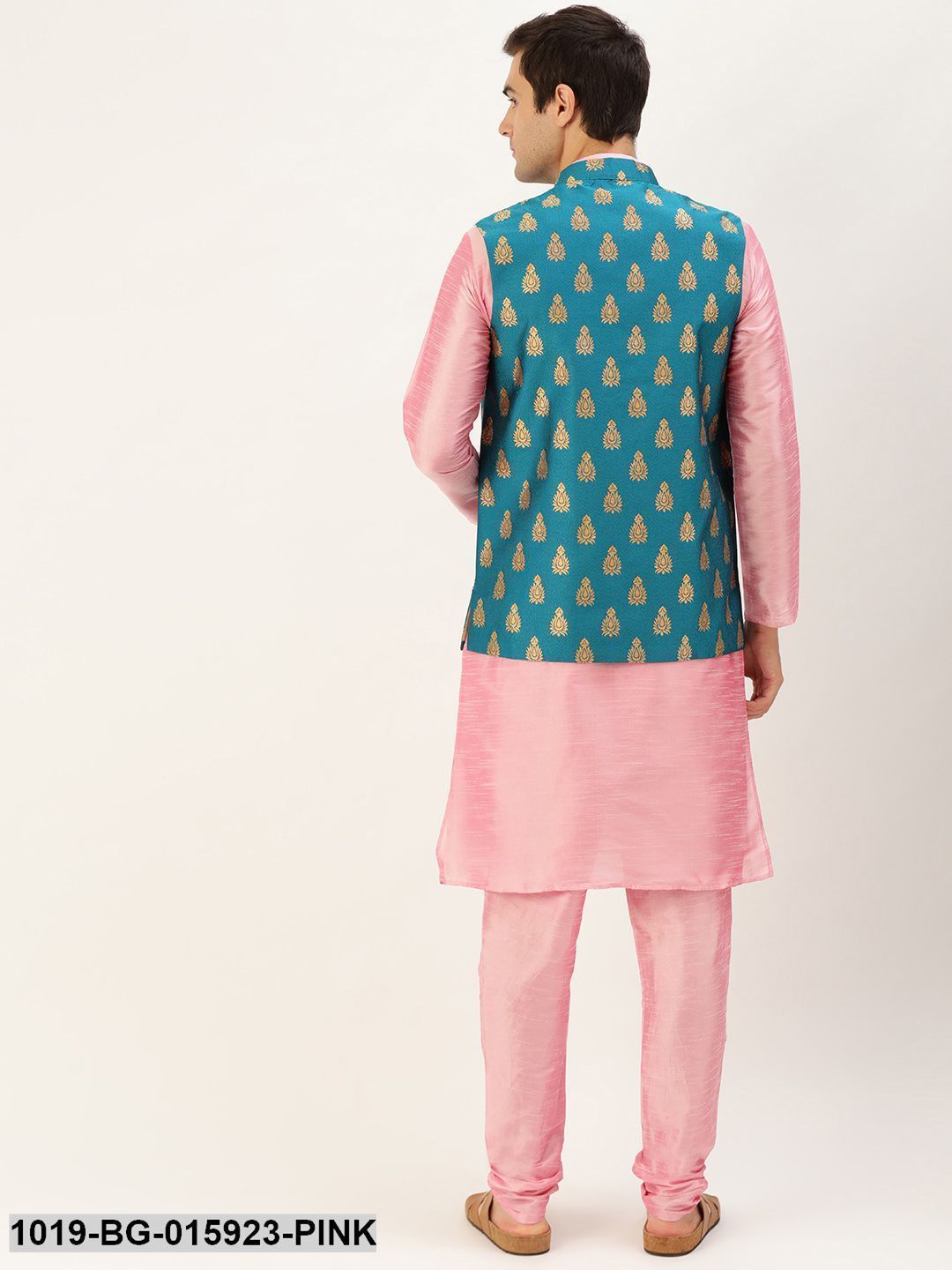 Men's Silk Blend Pink Kurta Pyjama & Teal Blue Nehru jacket Combo