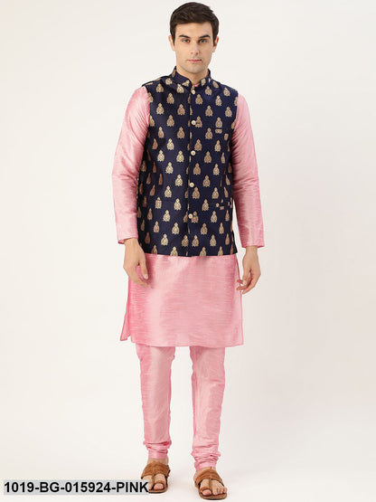 Men's Silk Blend Pink Kurta Pyjama & Navy Blue Nehru jacket Combo