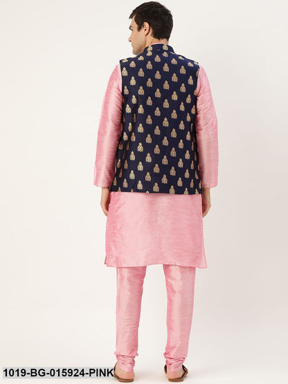 Men's Silk Blend Pink Kurta Pyjama & Navy Blue Nehru jacket Combo