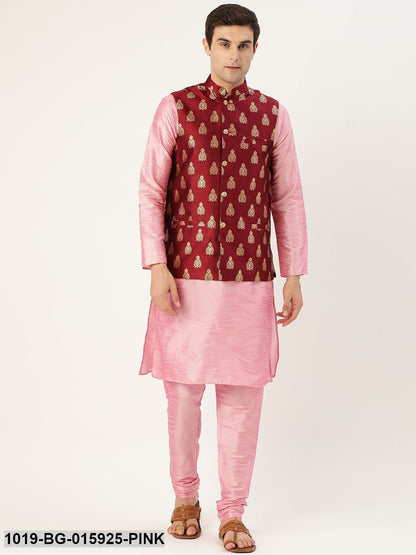 Men's Silk Blend Pink Kurta Pyjama & Maroon Nehru jacket Combo