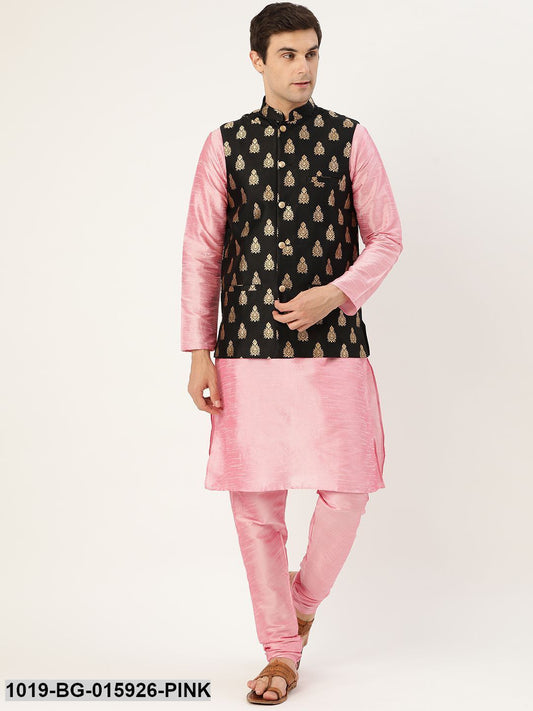 Men's Silk Blend Pink Kurta Pyjama & Black Nehru jacket Combo