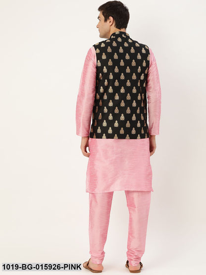 Men's Silk Blend Pink Kurta Pyjama & Black Nehru jacket Combo