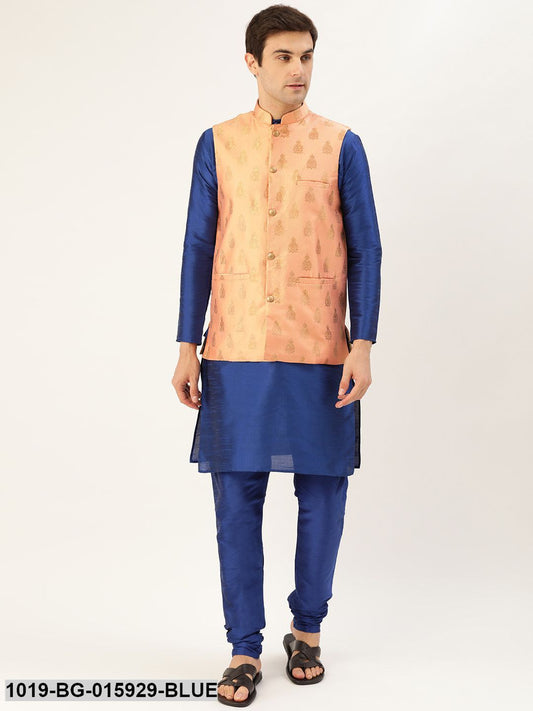 Men's Silk Blend Royal Blue Kurta Pyjama & Peach Nehru jacket Combo