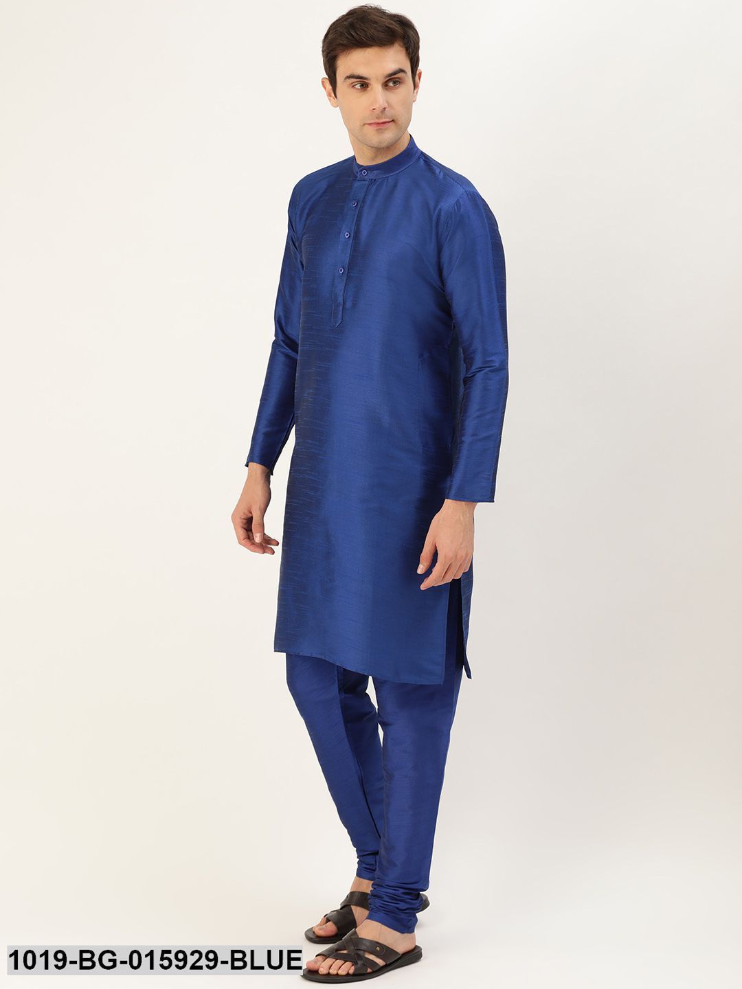 Men's Silk Blend Royal Blue Kurta Pyjama & Peach Nehru jacket Combo