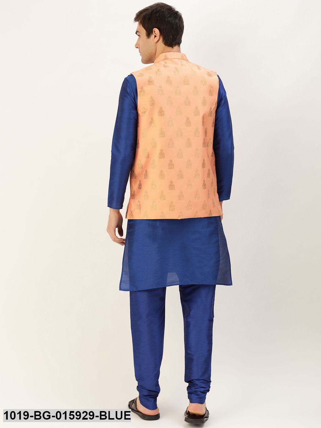 Men's Silk Blend Royal Blue Kurta Pyjama & Peach Nehru jacket Combo