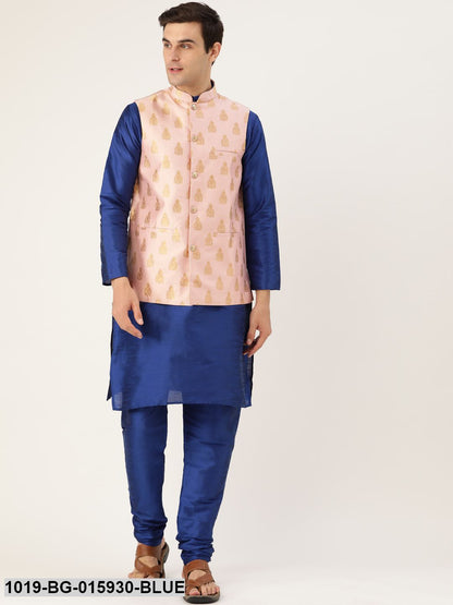 Men's Silk Blend Royal Blue Kurta Pyjama & Pink Nehru jacket Combo