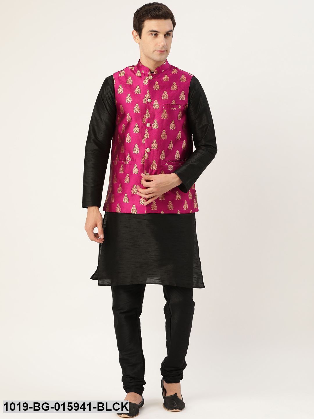 Men's Silk Blend Black Kurta Pyjama & Magenta Nehru jacket Combo