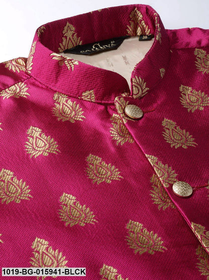 Men's Silk Blend Black Kurta Pyjama & Magenta Nehru jacket Combo