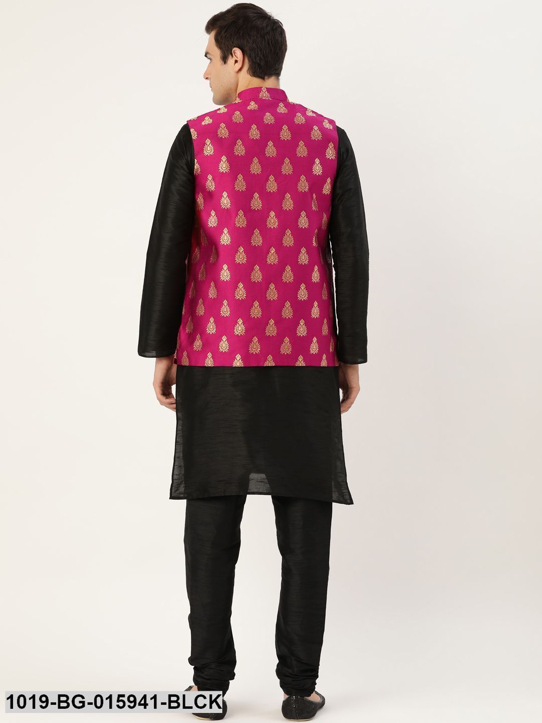 Men's Silk Blend Black Kurta Pyjama & Magenta Nehru jacket Combo