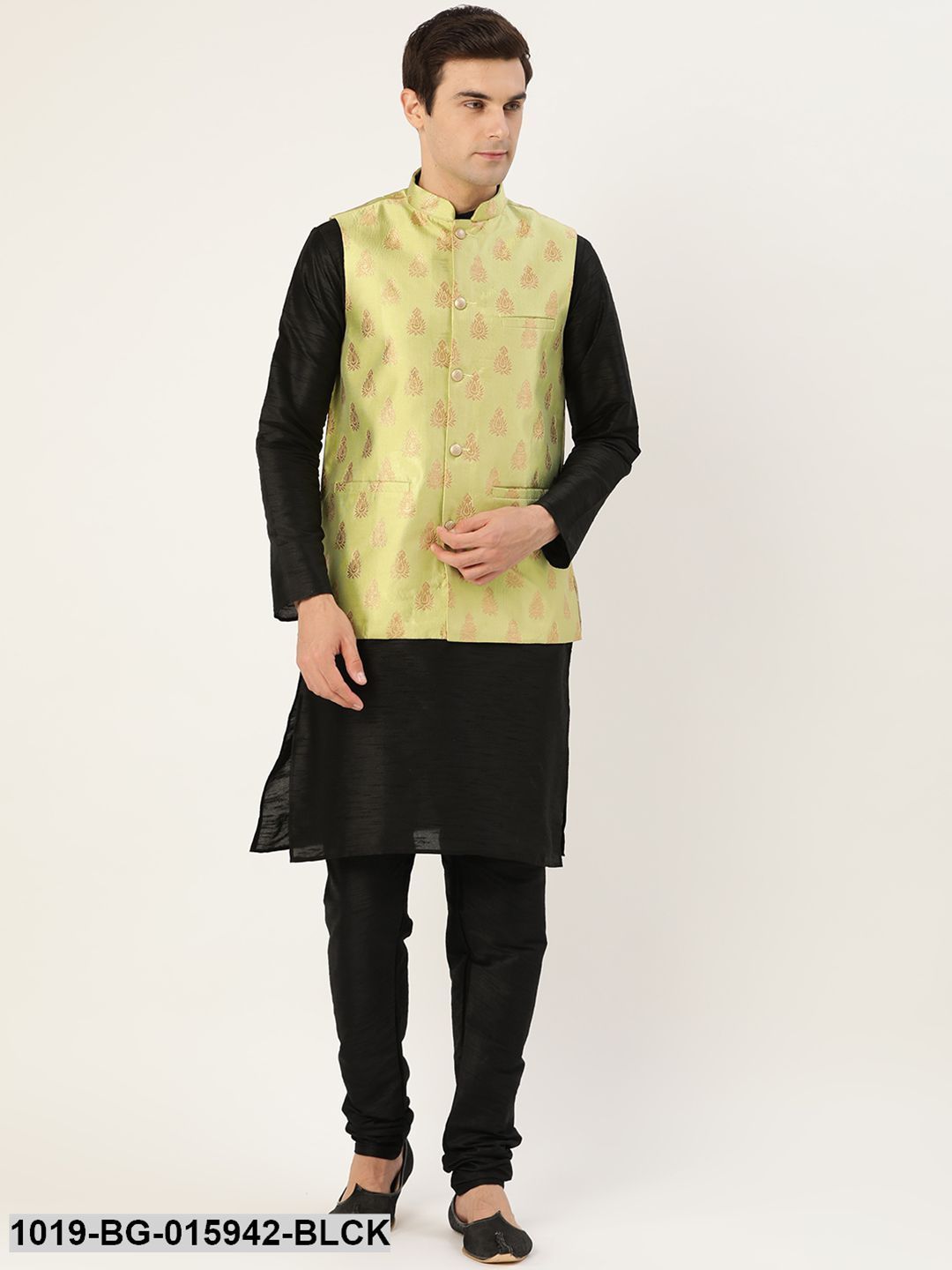 Men's Silk Blend Black Kurta Pyjama & Green Nehru jacket Combo