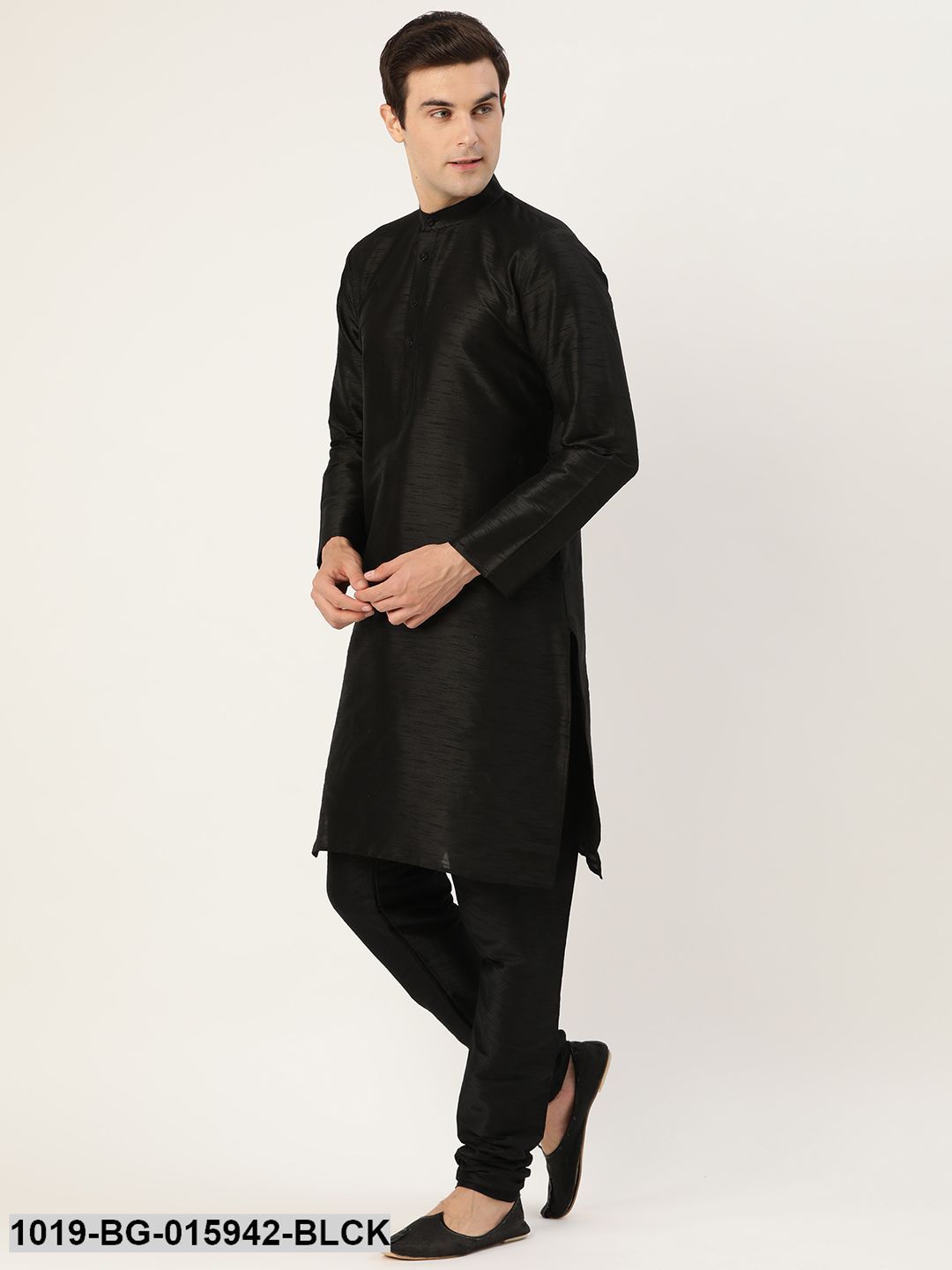 Men's Silk Blend Black Kurta Pyjama & Green Nehru jacket Combo