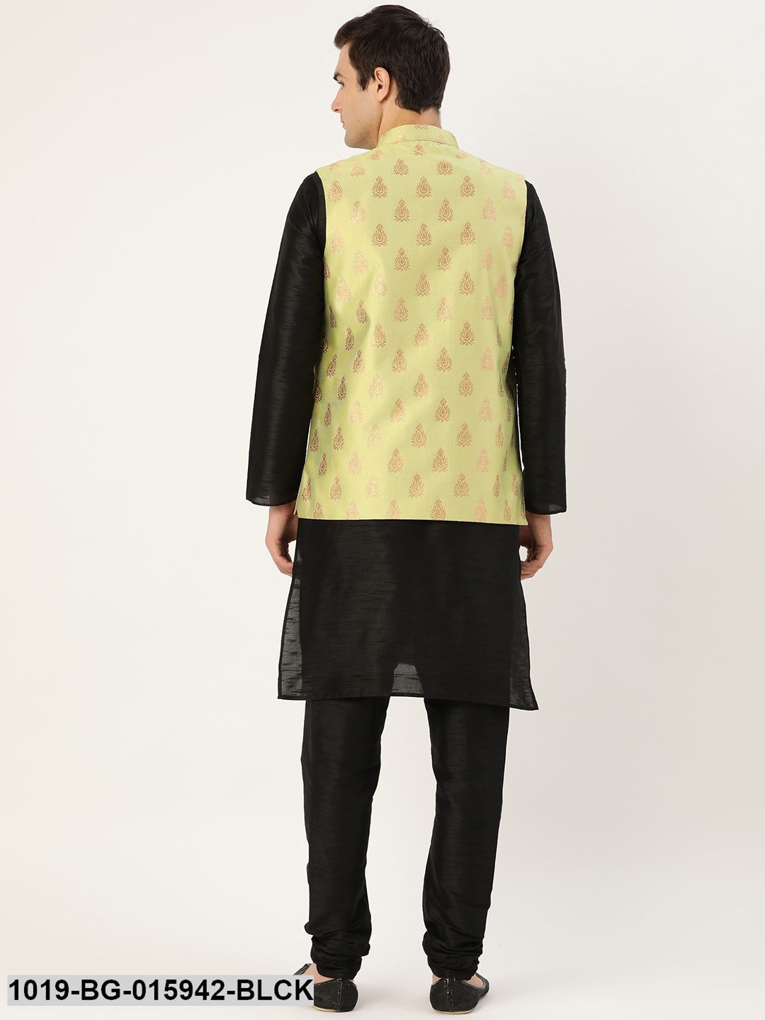 Men's Silk Blend Black Kurta Pyjama & Green Nehru jacket Combo