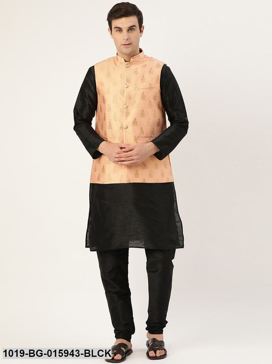 Men's Silk Blend Black Kurta Pyjama & Peach Nehru jacket Combo