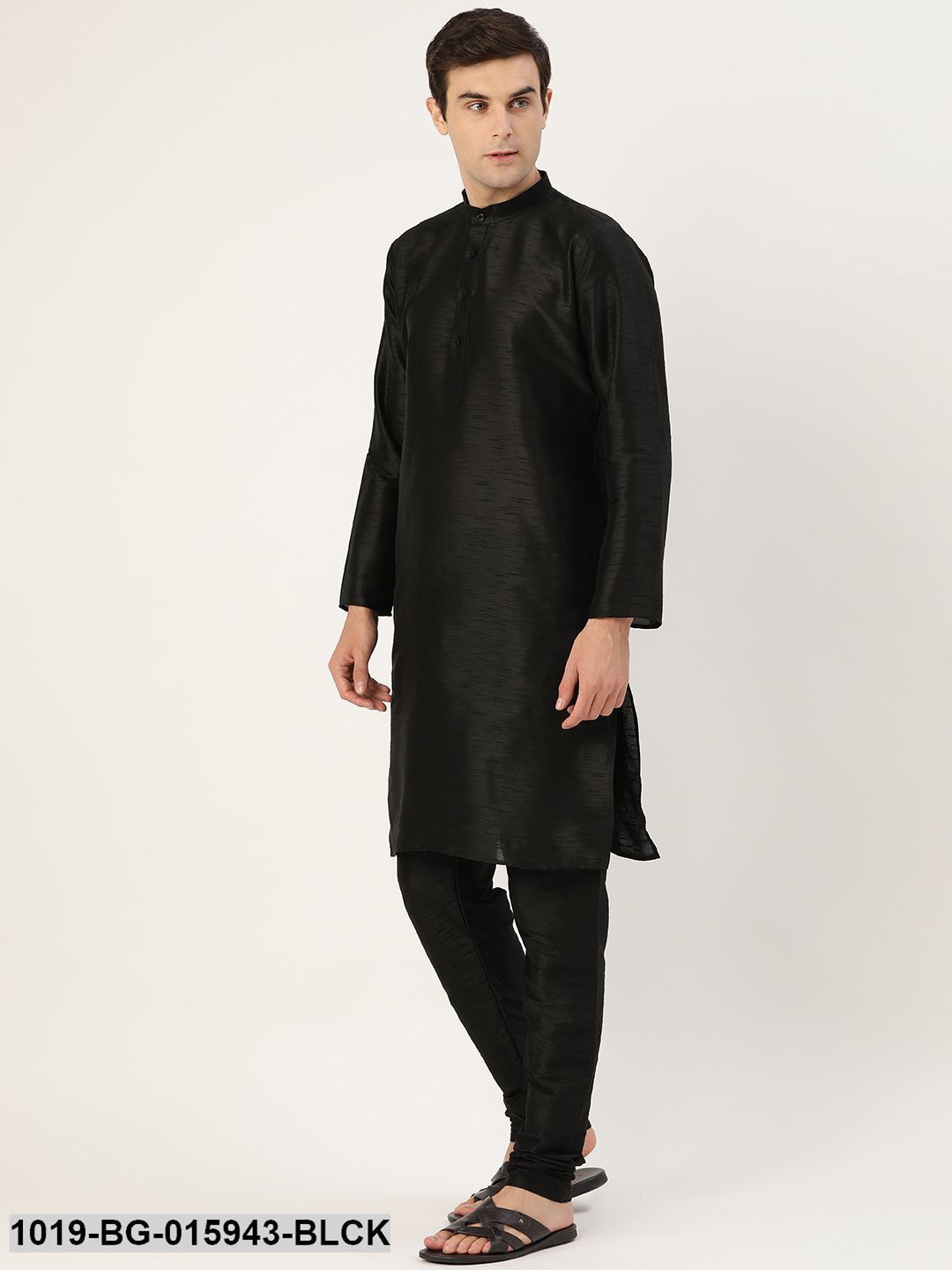 Men's Silk Blend Black Kurta Pyjama & Peach Nehru jacket Combo