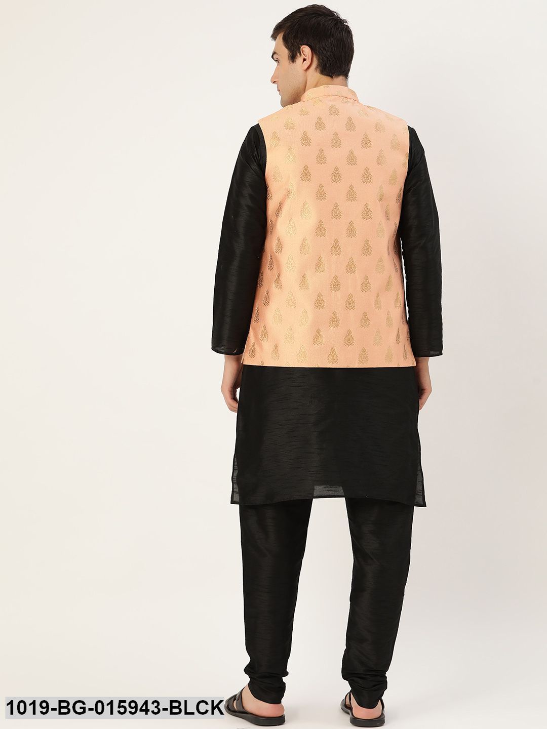 Men's Silk Blend Black Kurta Pyjama & Peach Nehru jacket Combo