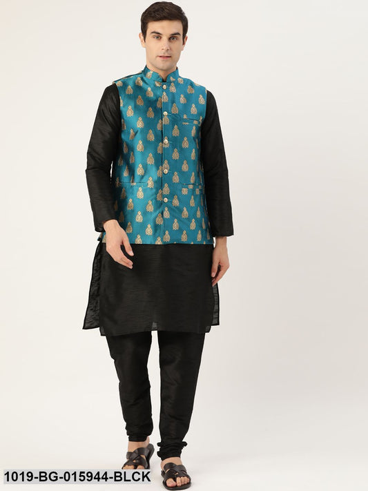 Men's Silk Blend Black Kurta Pyjama & Teal Blue Nehru jacket Combo