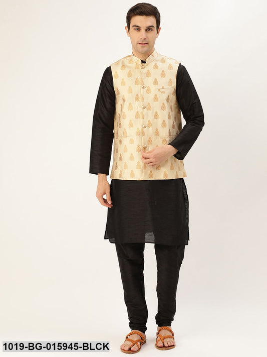 Men's Silk Blend Black Kurta Pyjama & Beige Nehru jacket Combo