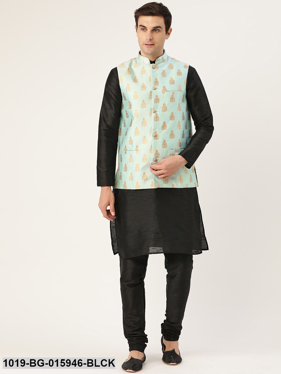 Men's Silk Blend Black Kurta Pyjama & Sea Green Nehru jacket Combo