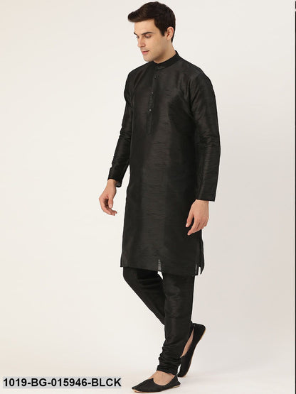 Men's Silk Blend Black Kurta Pyjama & Sea Green Nehru jacket Combo