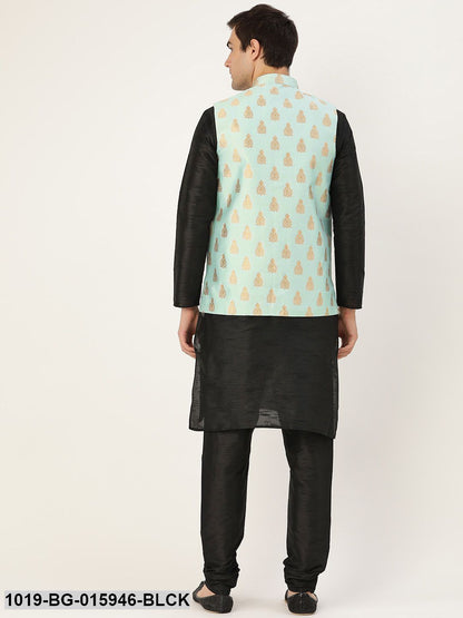 Men's Silk Blend Black Kurta Pyjama & Sea Green Nehru jacket Combo